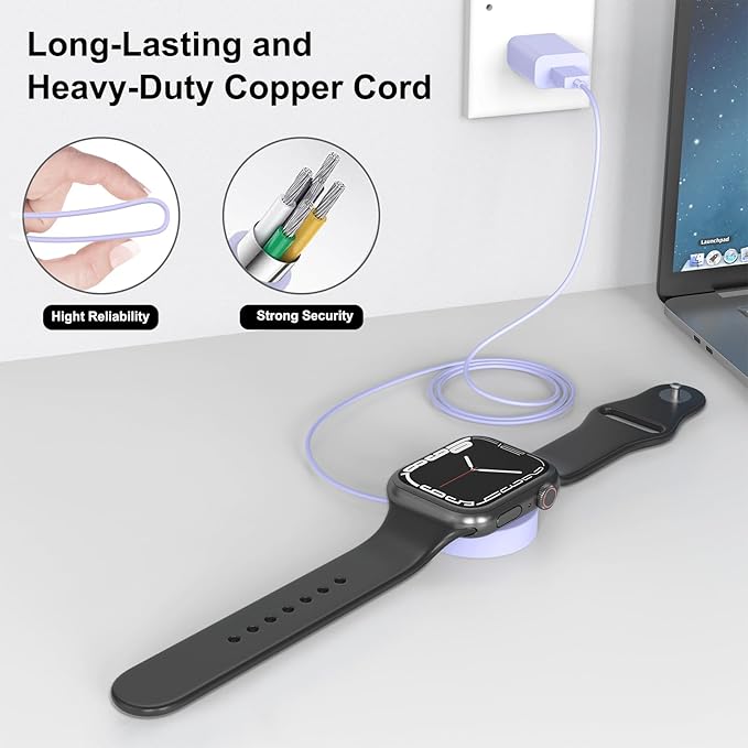 Fast Charger for Apple Watch Charger, Magnetic iWatch Charger to USB A Cable 3.3FT with USB A Wall Plug Adapter for Apple iWatch Series Ultra/10/9/8/7/6/SE/5/4/3/2 (Purple)