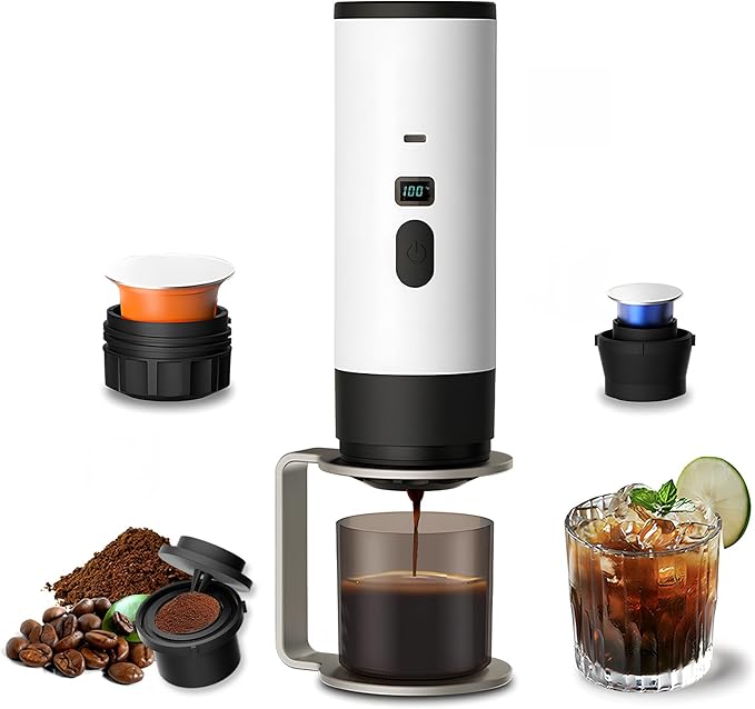 RQUOIRE 3-in-1 Portable Coffee Maker, Espresso Machine, Self-Heating Travel Coffee Maker Compatible with NS, DG Pods & Ground Coffee, Small Mini Espresso Machine for Car Camping, Hiking With Stand
