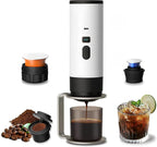 RQUOIRE 3-in-1 Portable Coffee Maker, Espresso Machine, Self-Heating Travel Coffee Maker Compatible with NS, DG Pods & Ground Coffee, Small Mini Espresso Machine for Car Camping, Hiking With Stand