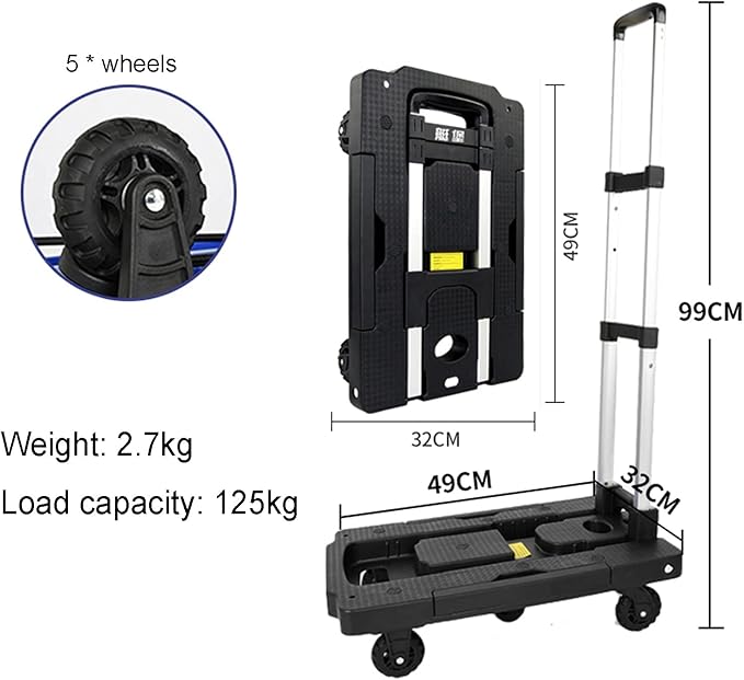Sack Truck, Portable Folding Sack Truck, 5 Wheeled 360° Rotating Cart Heavy Duty Pushing/Pull Cart with 125kg Load Capacity, Car Luggage, Travel Platform Trolley