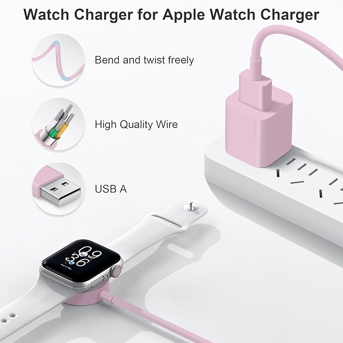 Fast Charger for Apple Watch Charger, Magnetic iWatch Charger to USB A Cable 3.3FT with USB A Wall Plug Adapter for Apple iWatch Series Ultra/10/9/8/7/6/SE/5/4/3/2 (Pink)