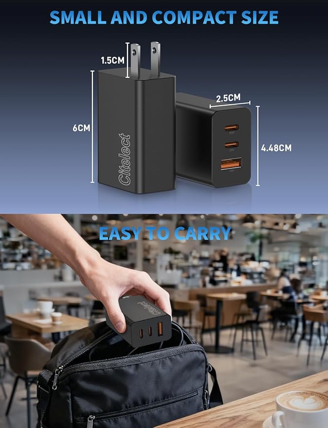 2Pack 65W USB C Charger Block, 3Port Fast Charging Adapter, Type C Fast Charging Blocks Cube PD USBC Wall Plug+QC3.0 USB A Charger Brick for MacBook Pro/Air,iPad,iPhone 17/16,SamsungS26/S25&More-Black