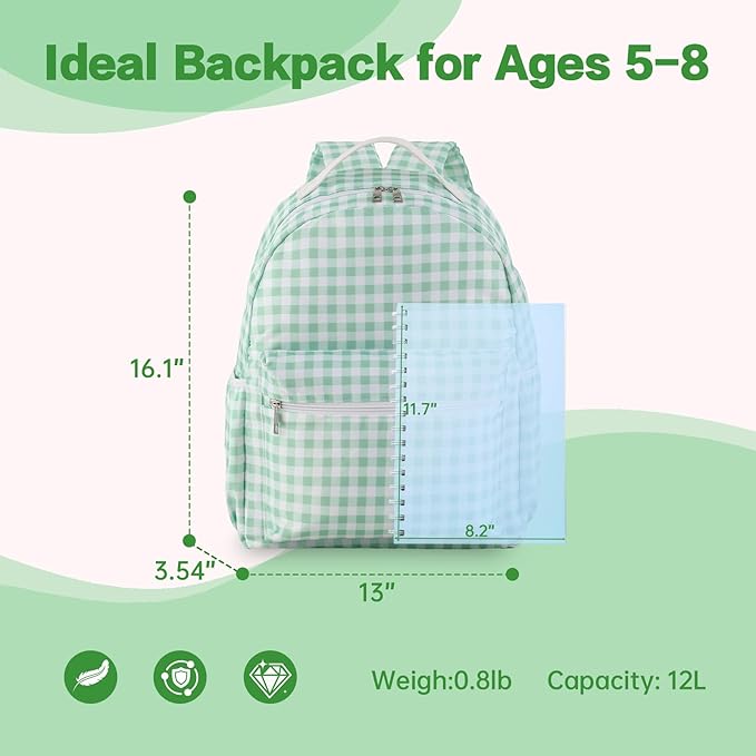 DYSHAYEN Gingham Kids Backpack,15 Inch School Backpack for Girls Boys,Kindergarten Large Bookbag Age 5-8 for Birthday Gifts School Overnight (Green)