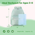 DYSHAYEN Gingham Kids Backpack,15 Inch School Backpack for Girls Boys,Kindergarten Large Bookbag Age 5-8 for Birthday Gifts School Overnight (Green)