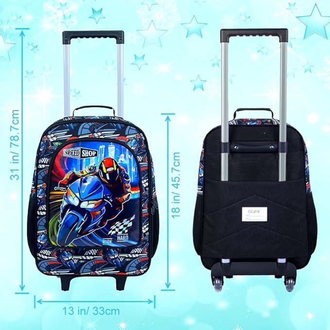 HPJGD Boys Suitcase, Kids Water Resistant Rolling Luggage, Motorcycle Travel Carry on for Elementary Preschool Toddler