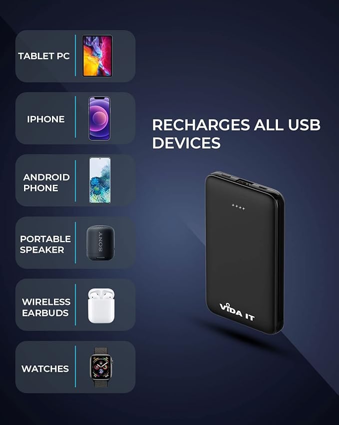 Compact Power Bank Portable Battery Pack for Heated Clothing Vest Jacket Hoodie 5000mAh Pocket Size Portable Charger for iPhone Android Cellphone Portable Battery Charger with Built-In Cable USB/USB-C