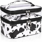 Double-layer Cosmetic Bag Makeup Bag Travel Makeup Bag Makeup Bags for Women Cosmetics Cases Portable Waterproof Foldable (Cow Print)