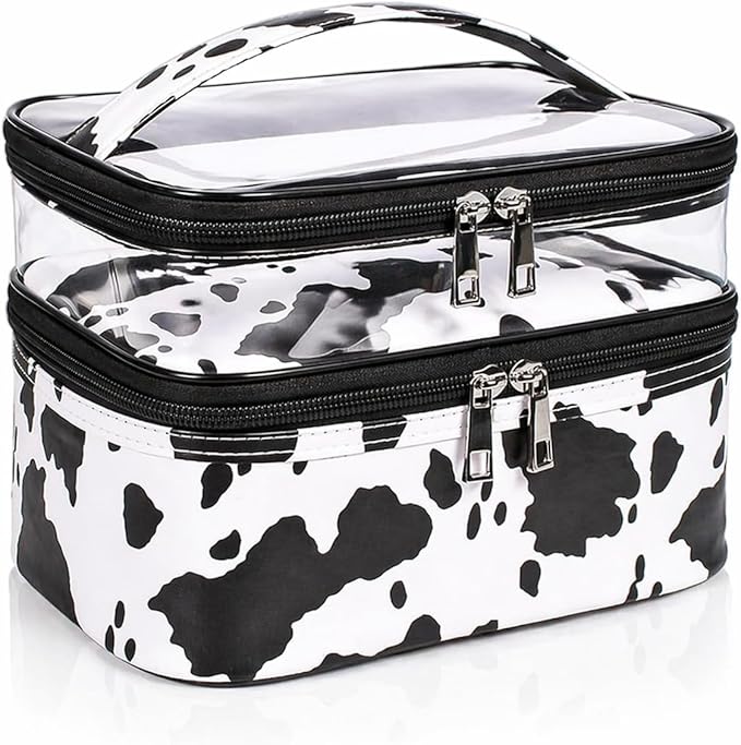 Double-layer Cosmetic Bag Makeup Bag Travel Makeup Bag Makeup Bags for Women Cosmetics Cases Portable Waterproof Foldable (Cow Print)