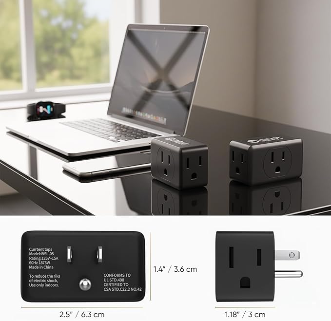 Unidapt Multi Plug Outlet Extender - 3 Way Wall Outlet Splitter, Cruise Ship Approved Power Adapter, Compact Travel Plug Expander for Home, Office, Dorm Room, or Cruise Cabin - Black 2-Pack
