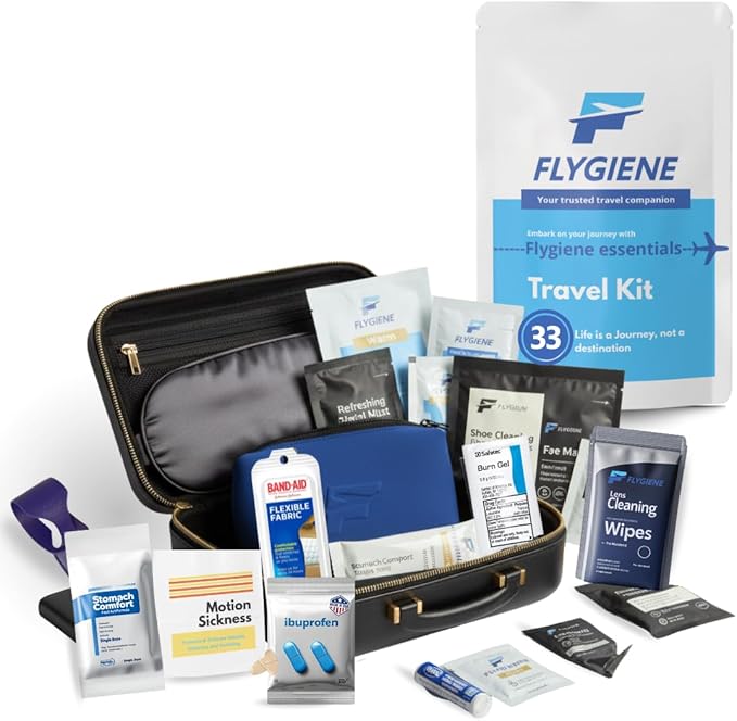 LUX Travel Essentials – 33 Piece Premium Hygiene & Comfort Set with Blue EVA Hard Case – Includes Dental Care, Face Masks, Wipes, Bandages & TSA-Friendly Travel Accessories