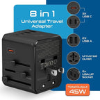 Ceptics 8 in 1 Universal Travel Adapter for EU, UK, US, AU and More, World Travel Adapter, 2X US Socket, Universal Socket, 3X USB-C and 2X USB-A, 45W Fast Charge – UP-45KU-BL
