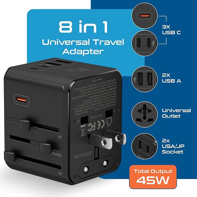 Ceptics 8 in 1 Universal Travel Adapter for EU, UK, US, AU and More, World Travel Adapter, 2X US Socket, Universal Socket, 3X USB-C and 2X USB-A, 45W Fast Charge – UP-45KU-BL
