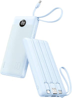VRURC Portable Charger for iPhone, Built in Cables & Lanyard Power Bank 10000mAh, Compact USB C Charging Bank 5 Outputs for Multi Devices,Travel Essential for Hiking Camping Business Cruise Ship-Blue