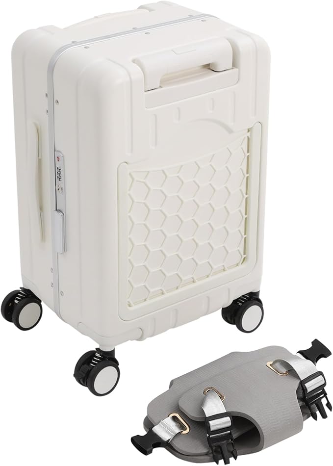 CNCEST 20" Adjustable Double Handle Ride-on Luggage,Travel Carry On Trolley Case with Mesh Pocket for Kids,Children's Ride On Suitcase with Wheels & TSA Lock (StyleB, White)