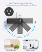 Surge Protector Outlet Extender with Rotating Plug, 6 AC Multi Plug Outlet with 4 USB Ports (2 USB C), 3-Sided 1800 J Swivel Power Strip with Spaced Outlet Splitter for Home Dorm, Black, 2 Pack