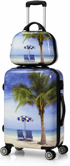 World Traveler VentureX Airline Approved 2-Piece Carry-On Luggage Set – Lightweight Hardside Polycarbonate Suitcase with Spinner Wheels - Palm Tree