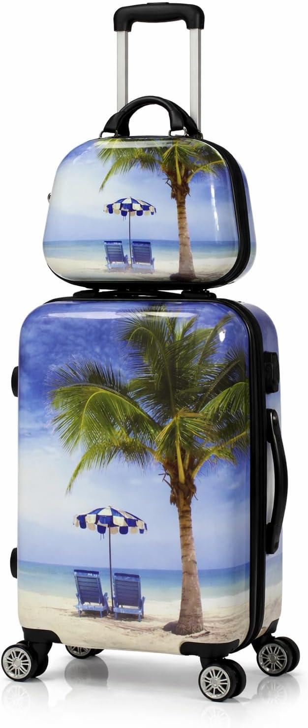 World Traveler VentureX Airline Approved 2-Piece Carry-On Luggage Set – Lightweight Hardside Polycarbonate Suitcase with Spinner Wheels - Palm Tree