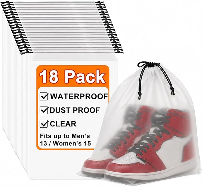 18 Pack Clear Shoe Bags for Travel, 15.7"×11.8" PEVA Drawstring, Waterproof, Fits up to Men’s 12–13, Reusable Storage for Shoes, Clothes & Toiletries, Keep Luggage Tidy & Odor-Free