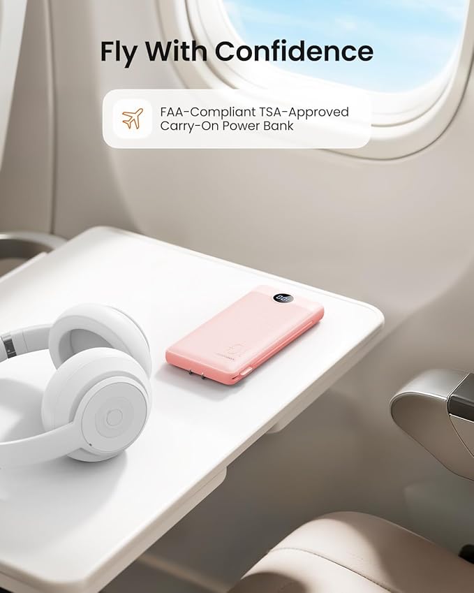 Portable Charger Built-in Cables and Wall Plug, 10000mAh Slim USB C Power Bank, LED Display External Battery Pack Compatible with iPhone/Android & More (Pink)