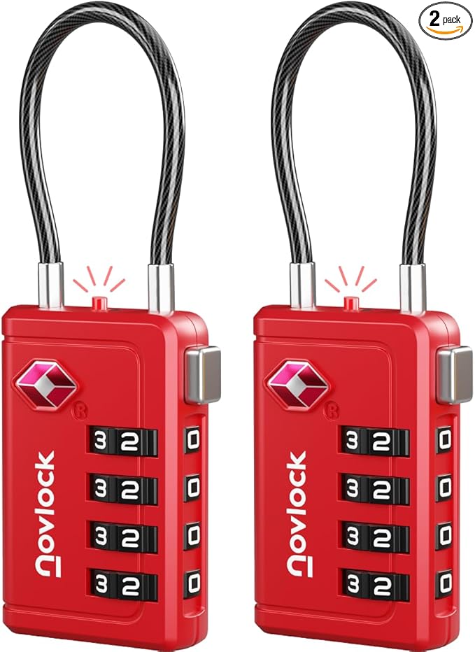 Luggage Locks TSA Approved with Inspection Indicator and Resettable 4-Digit, Easy-to-Read Combination, TSA Locks for Luggage, Suitcases, Backpacks & Travel Bags, Red, 2-Pack