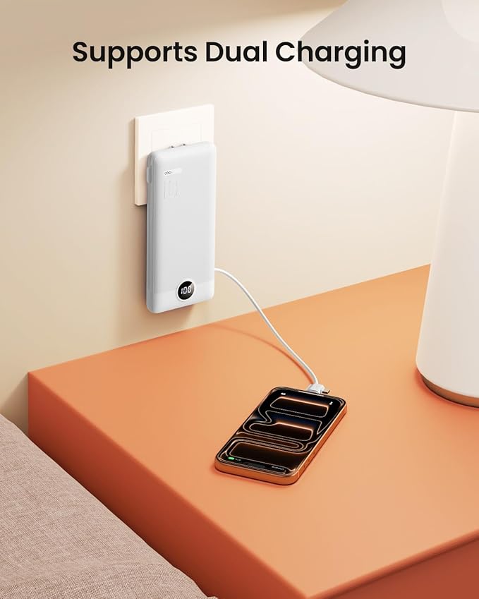Portable Charger with Wall Plug, Slim USB C Power Bank with Built-in Cables, 10000mah LED Display External Battery Pack Compatible with iPhone/Android & More(White)