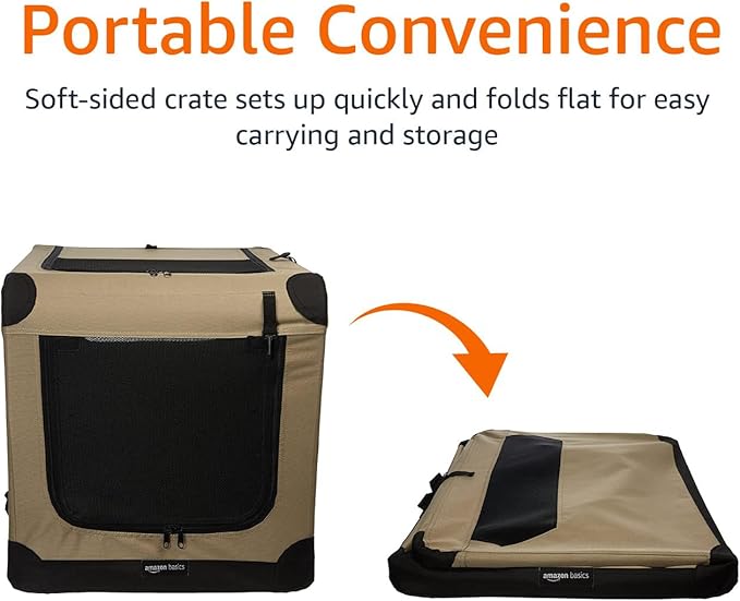 Amazon Basics Portable Folding Soft Dog Crate, Double Door, Collapsible Travel Kennel, Easy to Set Up, Sturdy, Secure, XL 42" x 31" x 31", Tan