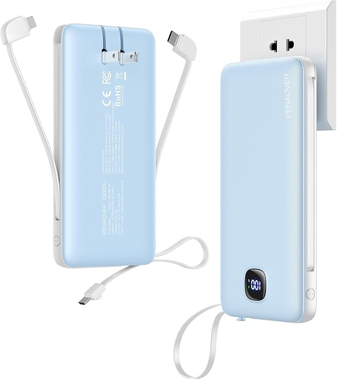 penaover Portable Charger with Built-in Cables&AC Wall Plug,Slim 10000mAh 22.5W Fast Charging Power Bank,5 Output 2 Input USB-C External Battery Pack Compatible with iPhones,Samsung,Android, etc