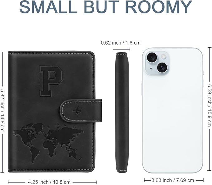 Passport Holder Cover Personalized Initial Letter A-Z Travel Wallet RFID Blocking Passport Cover Passport Book Holders for Women and Men, Black-P