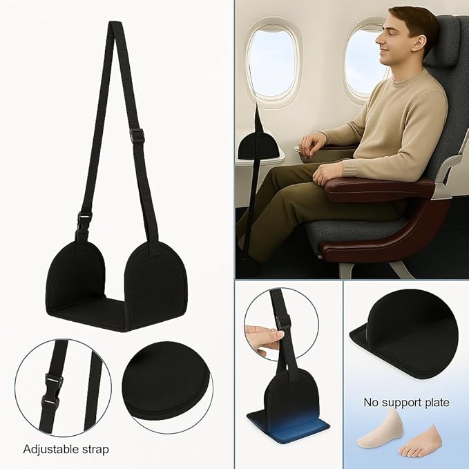 Airplane Footrest Hammock for Travel – Memory Foam Leg Rest for Plane & Office, Adjustable Height, Compact & Portable, Travel Essentials for Long Flights & Comfort Relief