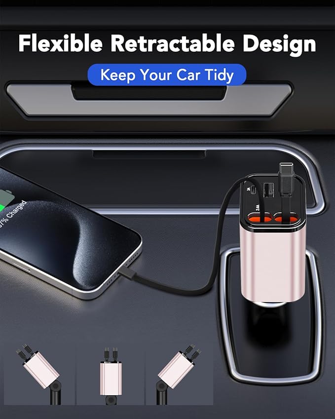 69W Fast Charging USB C Car Charger, 4-in-1 Retractable Phone Charger for iPhone 17, Travel Essentials, Gifts for Women Men, Car Accessories for Women Men, for iPhone 17 16 15 14 13, Galaxy, Pixel