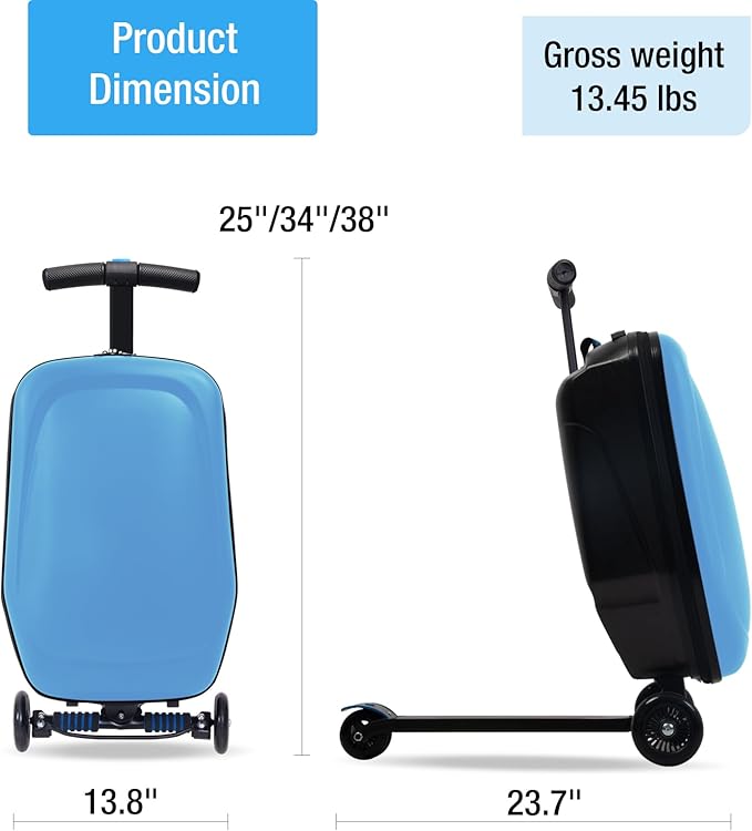 2-in-1 Ride-On Scooter Suitcase for Kids & Adults, 20” Foldable Hardshell Carry-On Luggage for Travel, Lightweight Kids Scooter Bag with Wheels