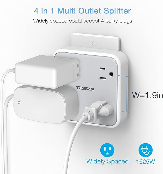 TESSAN Multi Plug Outlet Extender, Surge Protector Splitter with 4 Outlets Wall Charger, Multiple Expander for Travel, Home, College Dorm Room, Gray