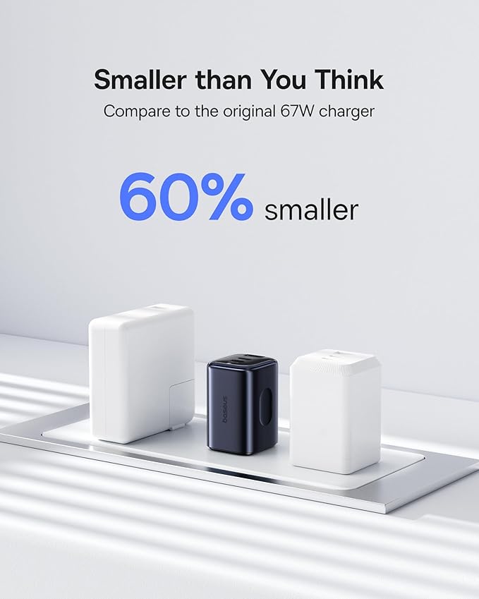 Baseus Picogo Power Bank, 0.3" Ultra Slim 5000mAh MagSafe Portable Charger PICOGO 67W USB C Charger, Smallest 3 Port Fast Charging Block with Foldable Plug