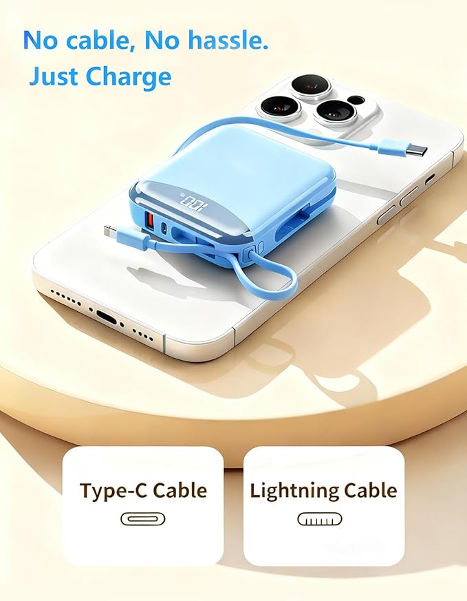 10000mAh Portable Charger with Built-in USB-C & Light-ning Cables, 22.5W Fast Charging Power Bank, Travel Battery Pack with LED Display for iPhone Samsung Android – Flight Approved