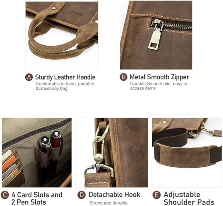 Contacts Leather Briefcase for Men 14 Inch Laptop Bag, Crazy Horse Leather Messenger Bag Brown Business Bag Satchel Shoulder Handbag