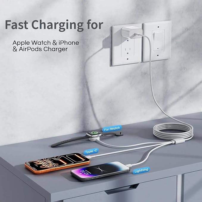 3 in 1 Apple Watch Charger,6ft Fast Magnetic iWatch/USBC/Lightning to USB C Charging Cable Cord and Type C Wall Block for iWatch Series 11/10/9/8/7/SE/6/5/4/3/2, iPhone 17 16 15 14 13 12 Pro Max Plus