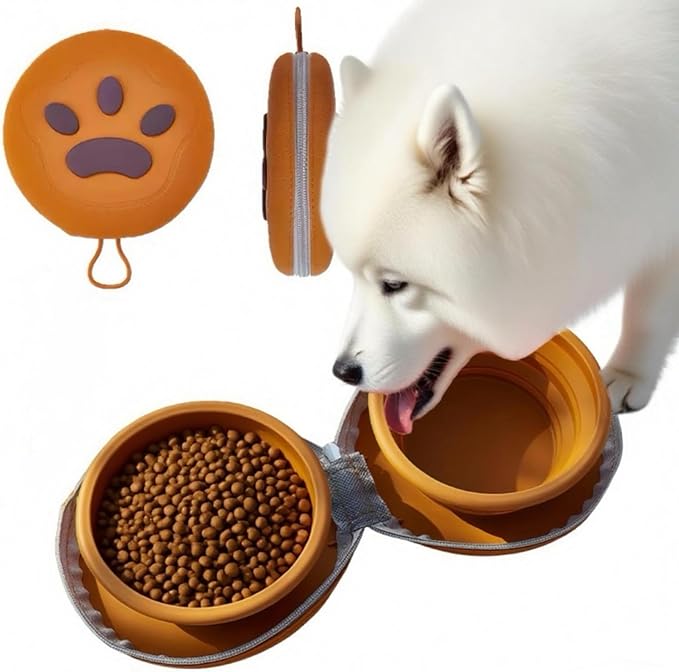 Bear Paw Foldable Pet Bowl, Dual Bowl Design for Food and Water,6.1in，Pink,Orange and Beige (Orange)