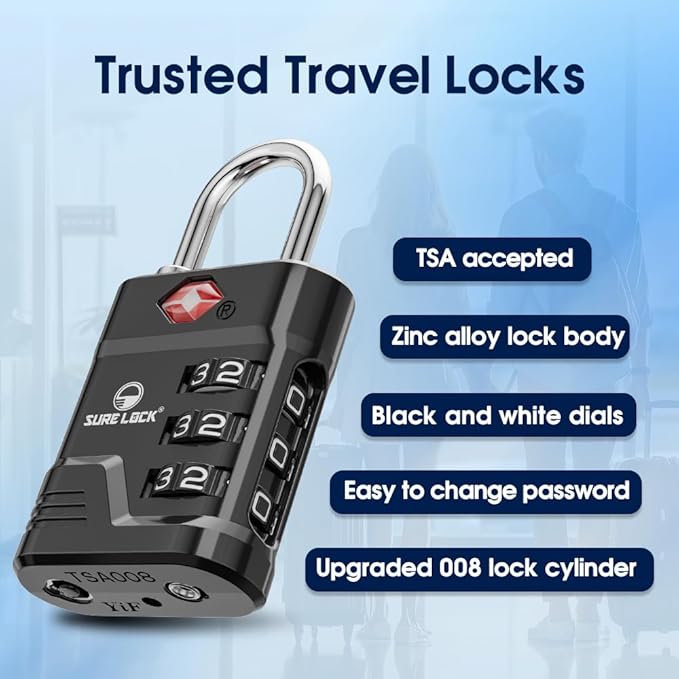 SURE LOCK TSA Approved Luggage Lock – 3-Digit Resettable Combination Padlock with Open Alert Red Dot, Large Easy-Read Dials for Suitcases, Backpacks, Gym & School Lockers (Black 2 pk)