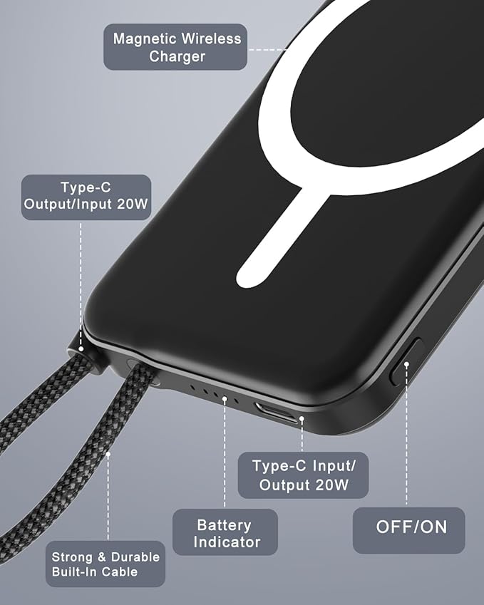 for Magsafe Power Bank, 5000mAh Magnetic Portable Charger with Built-in USB-C Cable, Wireless Battery Pack with 20W PD Fast Charging for iPhone 17/16/15/14/13/12 All Series-Black