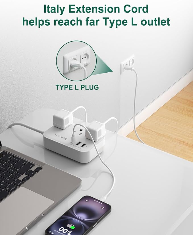 Italy Travel Plug Adapter, Type L Adapter for Travel with 3 Outlets 3 USB Ports (1 USB-C 3.4A), 3ft Wrapped Around Extension Cord, Power Adaptor for US to Italy Chile Rome Uruguay Milan Libya
