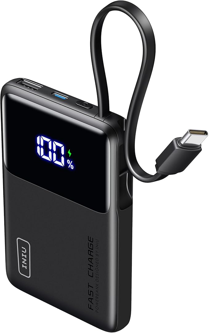 INIU Slimmest 45W 10000mAh Portable Charger with Built-in USB-C Cable & 15W Qi Certifie Wireless Charging Station Combo