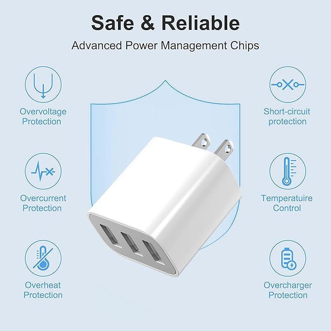 3 USB A Ports Charger Block，YTFCYIKBG Cell Phone wall Chargers，USB Cube wall Plug，for iPhone 14/13/12/11/X/XR/X/8/7/6, Galaxy, Android Phones and More（Ivory ）