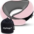 FlyHugz® Neck Travel Pillow Memory Foam Neck Pillow for Comfort on Airplane Compact and Ergonomic Design for Travel, Car Rides, and Home Use Ideal for Adults and Kids. (Pink)
