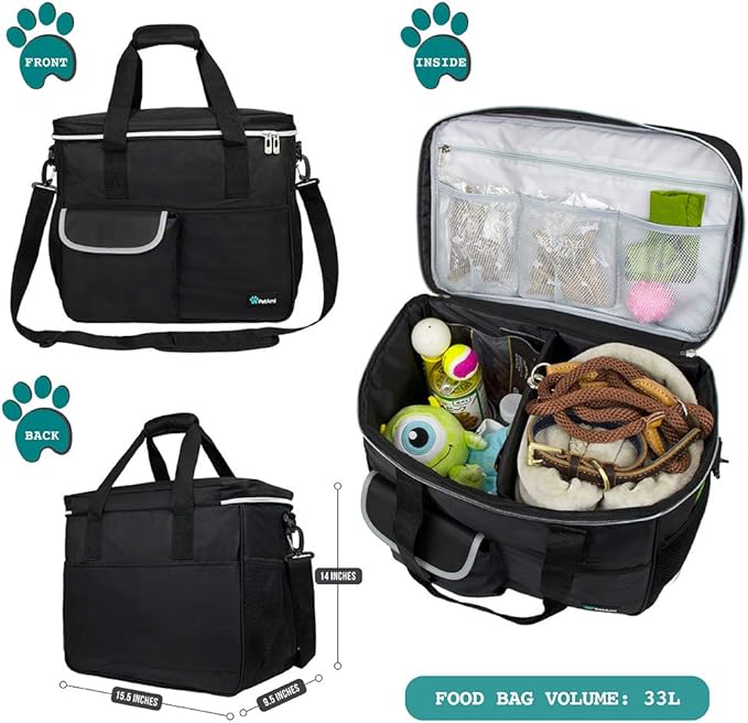 PetAmi Dog Travel Bag, Travel Pet Bag Organizer, Dog Food Travel Bag with Container Collapsible Bowls, Pet Travel Supplies Gift Accessories for Weekend Camping, Puppy Cat Diaper Bag, Black Large