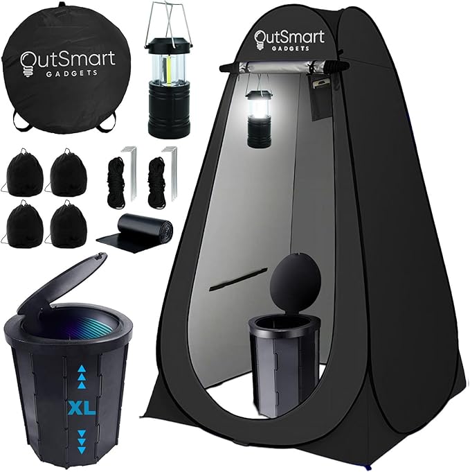 Outsmart Gadgets Outdoor Portable Toilet Set for Adults with Camping Night Lantern, Folding XL Toilet, Pop Up Privacy Tent and Carry Bags, Multipurpose Potty, Washable and Foldable for RV Travel