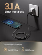 AINOPE Type C Charging Cable Fast Charge 3.1A Right Angle USB C Charger Cable, Resistant Nylon Braided USB C Cord -10ft/3m Black