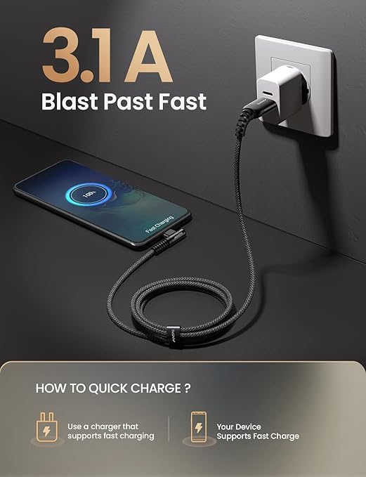 AINOPE Type C Charging Cable Fast Charge 3.1A Right Angle USB C Charger Cable, Resistant Nylon Braided USB C Cord -10ft/3m Black