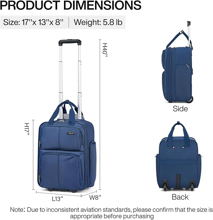 Hanke 16 Inch Underseat Carry On Luggage With Wheels, Small Rolling Suitcase Lightweight Under Seat Carry On Bag, Airline Approved Personal Item Overnight Softside Travel Luggage Bag,Blue