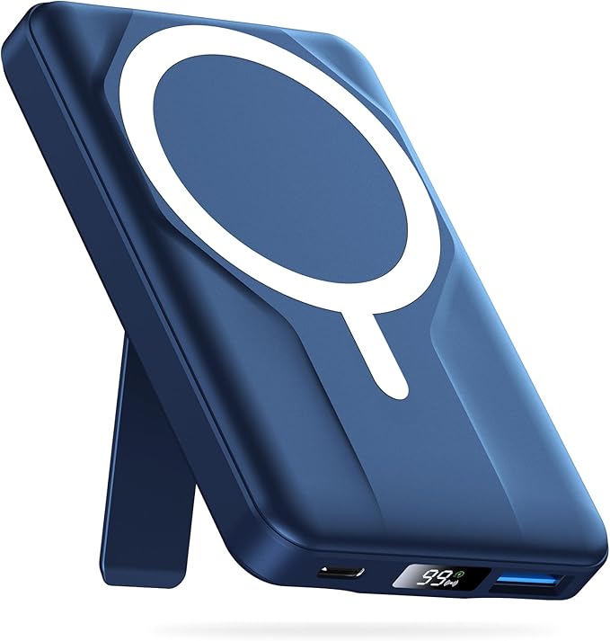 Azmuth Magnetic Power Bank,10000mAh for MagSafe Battery Pack, 22.5W PD Fast Charging,LED Display & Foldable Stand Wireless Portable Charger for iPhone 17/16/15/14/13/12/Pro/Pro Max/Plus,Sea Blue