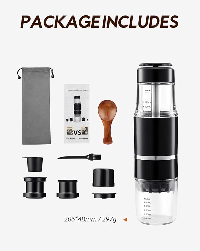 Portable Coffee Maker for Travel & Camping, Travel Lightweight Coffee Machines, Manually Operated, Compatible Ground Coffee & NS Capsule (Black)
